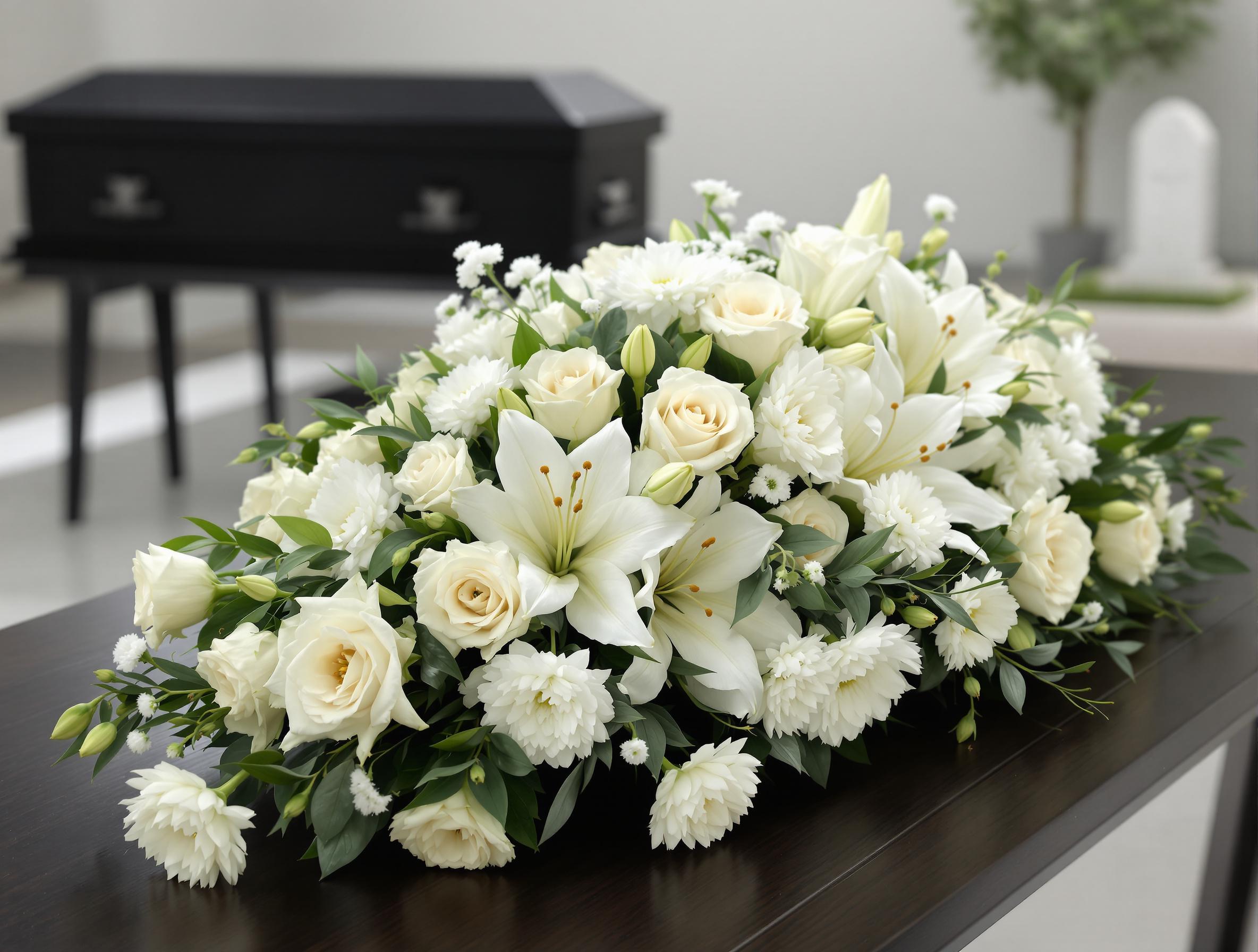 Composition florale de roses blanches et de lys pour un deuil
